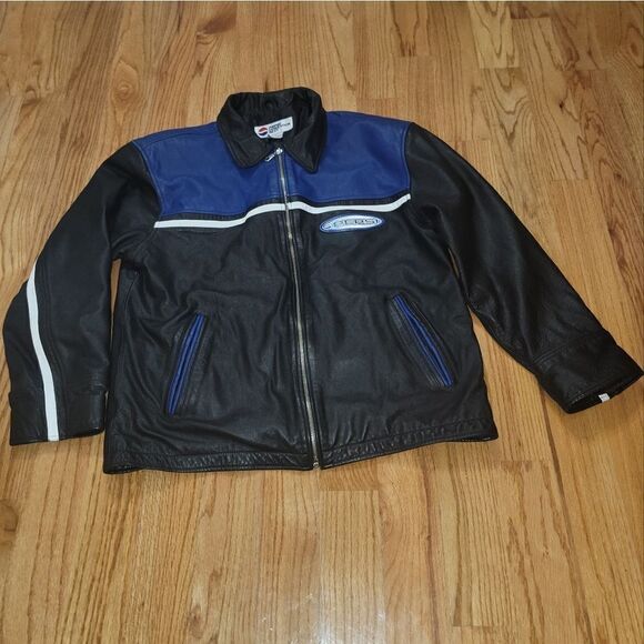 Vintage 90s y2k Pepsi Points Black Leather Bomber Jacket Car Moto Grunge Coat XL - Picture 6 of 9